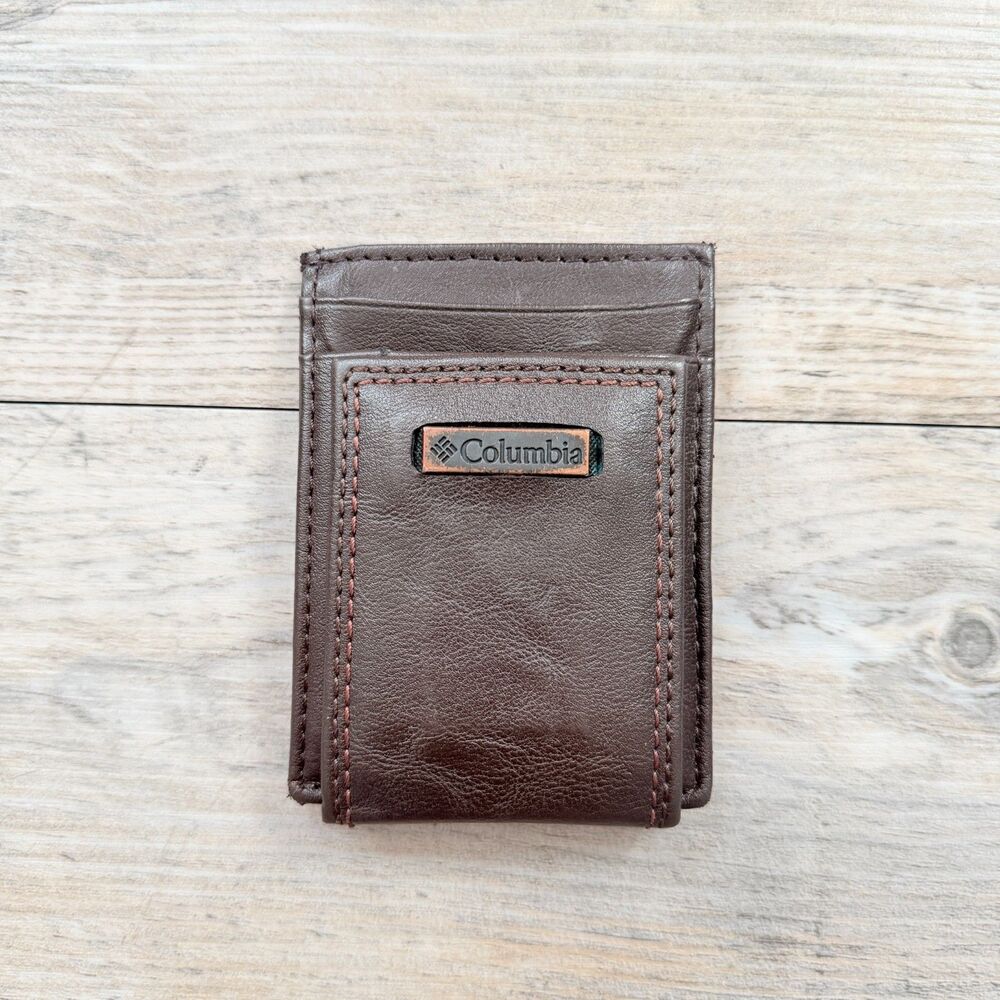 Columbia Men RFID Blocking Brown Leather Magnetic Money Clip Wallet Card Holder